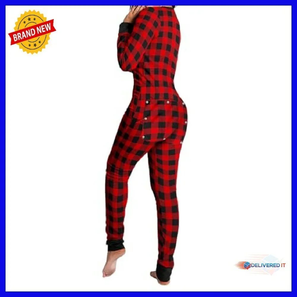 Women's Long Sleeve V-Neck Jumpsuit Pajamas with Drop Seat Butt Flap